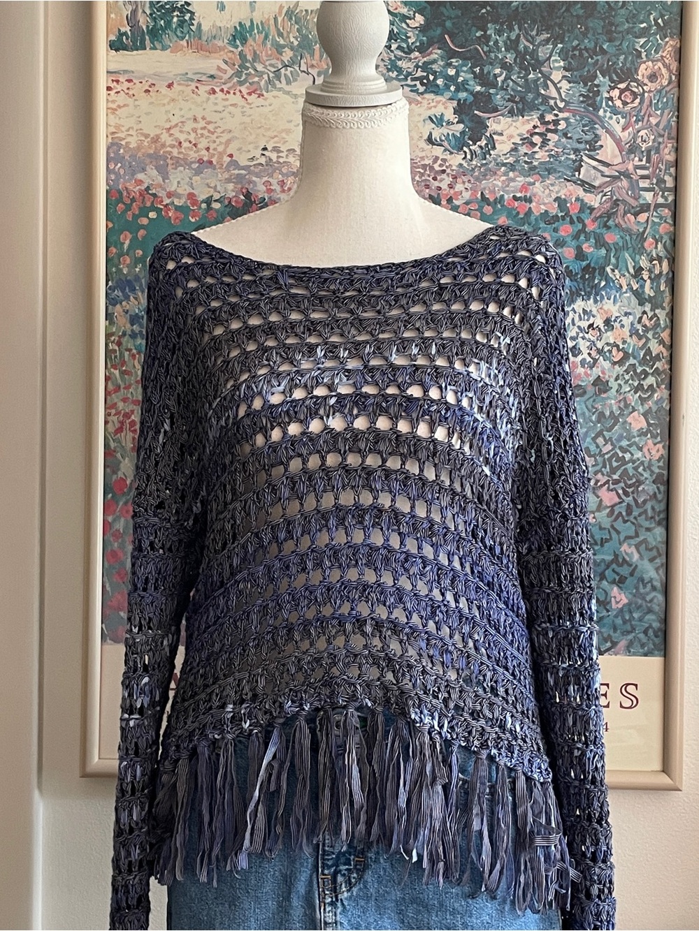 INC Crochet Knit Sweater Large Blue Ribbon Open Weave Fringe Hem Boho Grunge Y2K